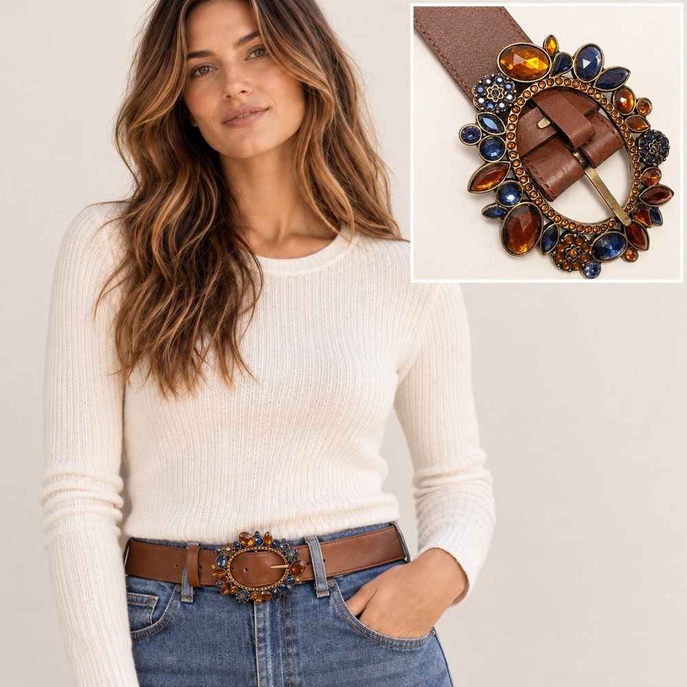 Brown Gemstone Statement Belt Women M Jeweled Buckle Boho Western 70s Indie Folk